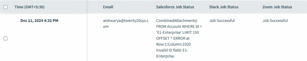Job Table Error Message Displays Status