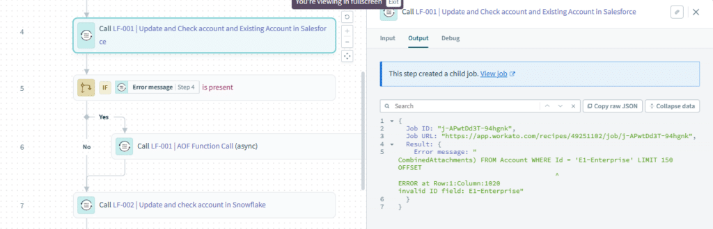 Parent recipe Where returning error message from Function Call